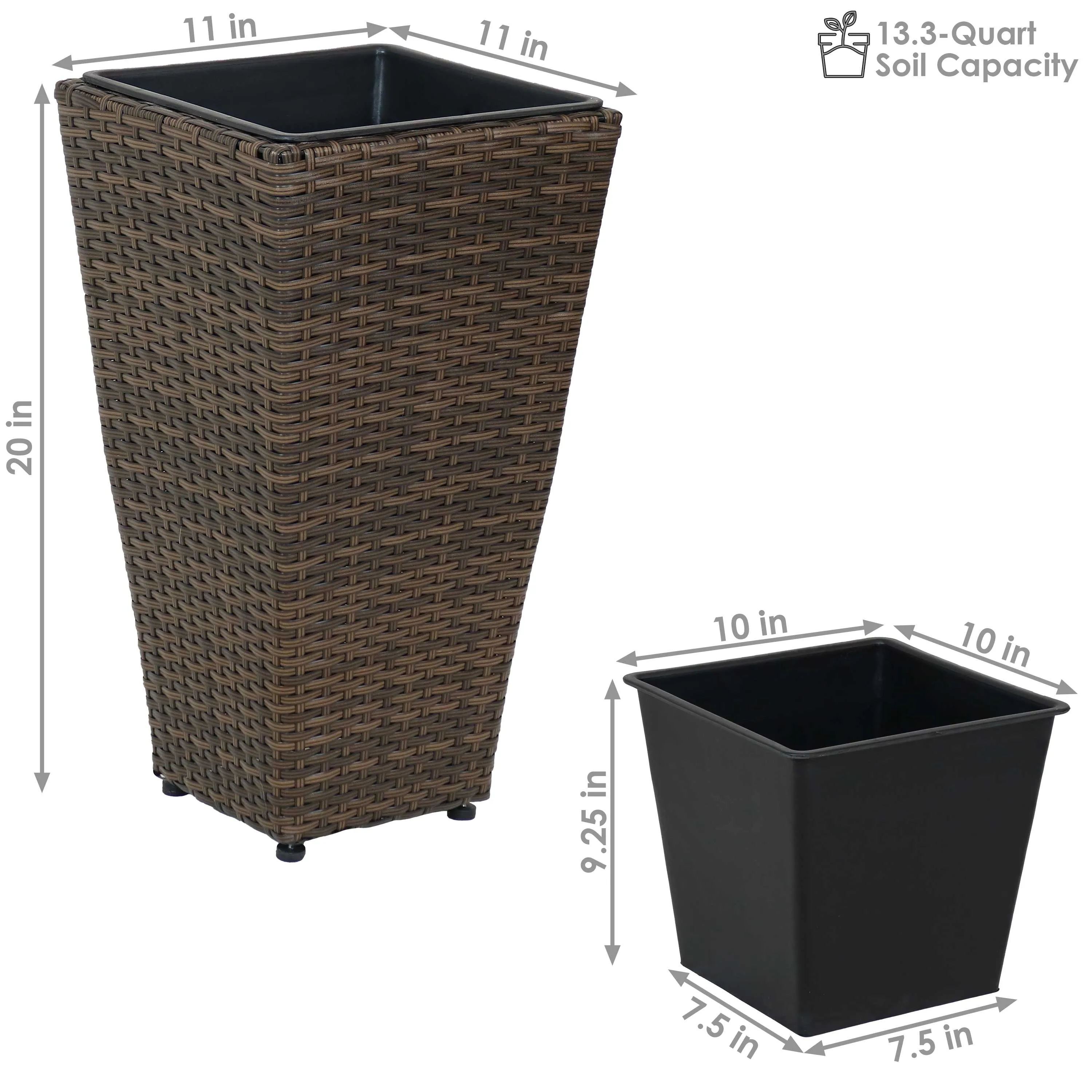 Sunnydaze Polyrattan Tall Square Planter - Brown - Set of 2