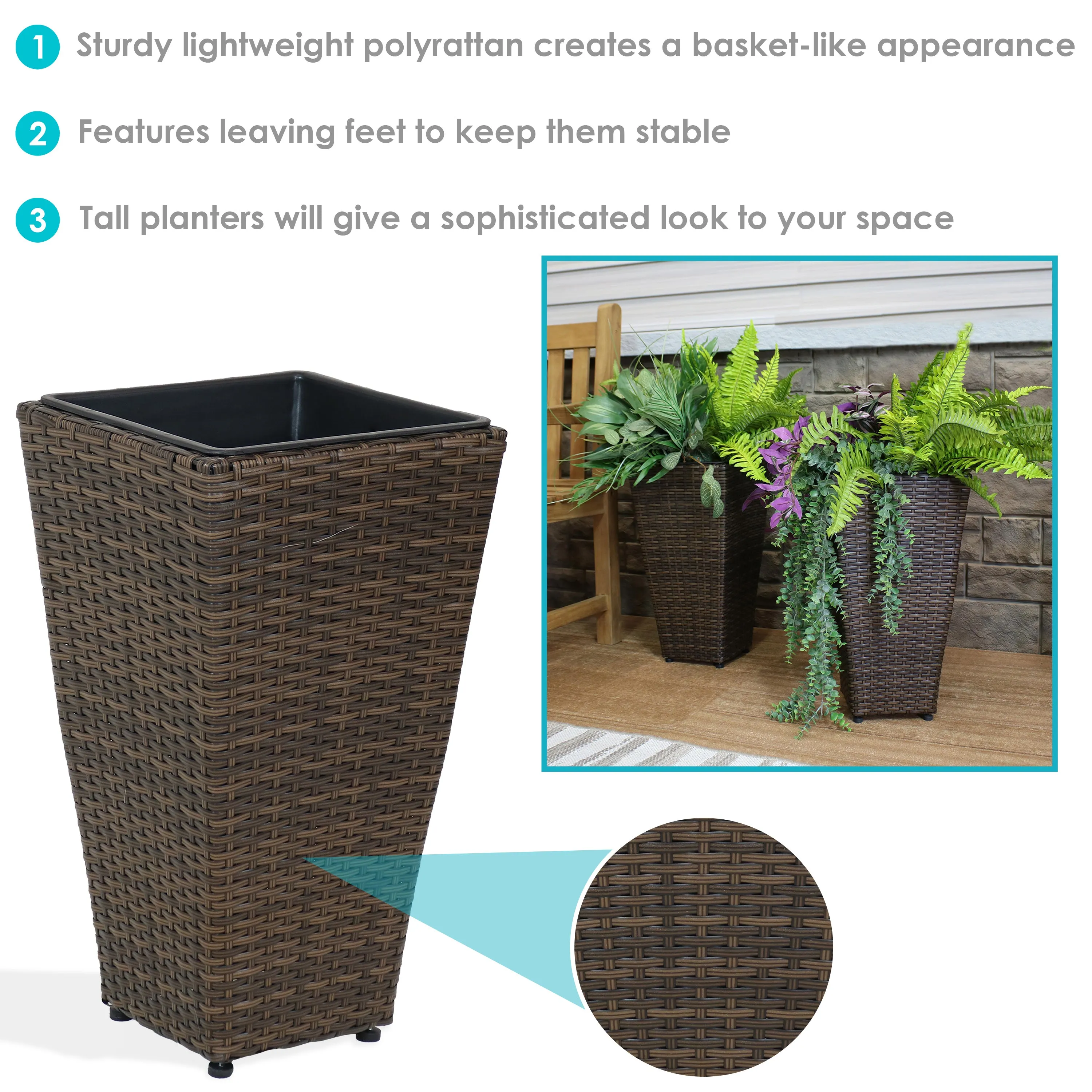 Sunnydaze Polyrattan Tall Square Planter - Brown - Set of 2