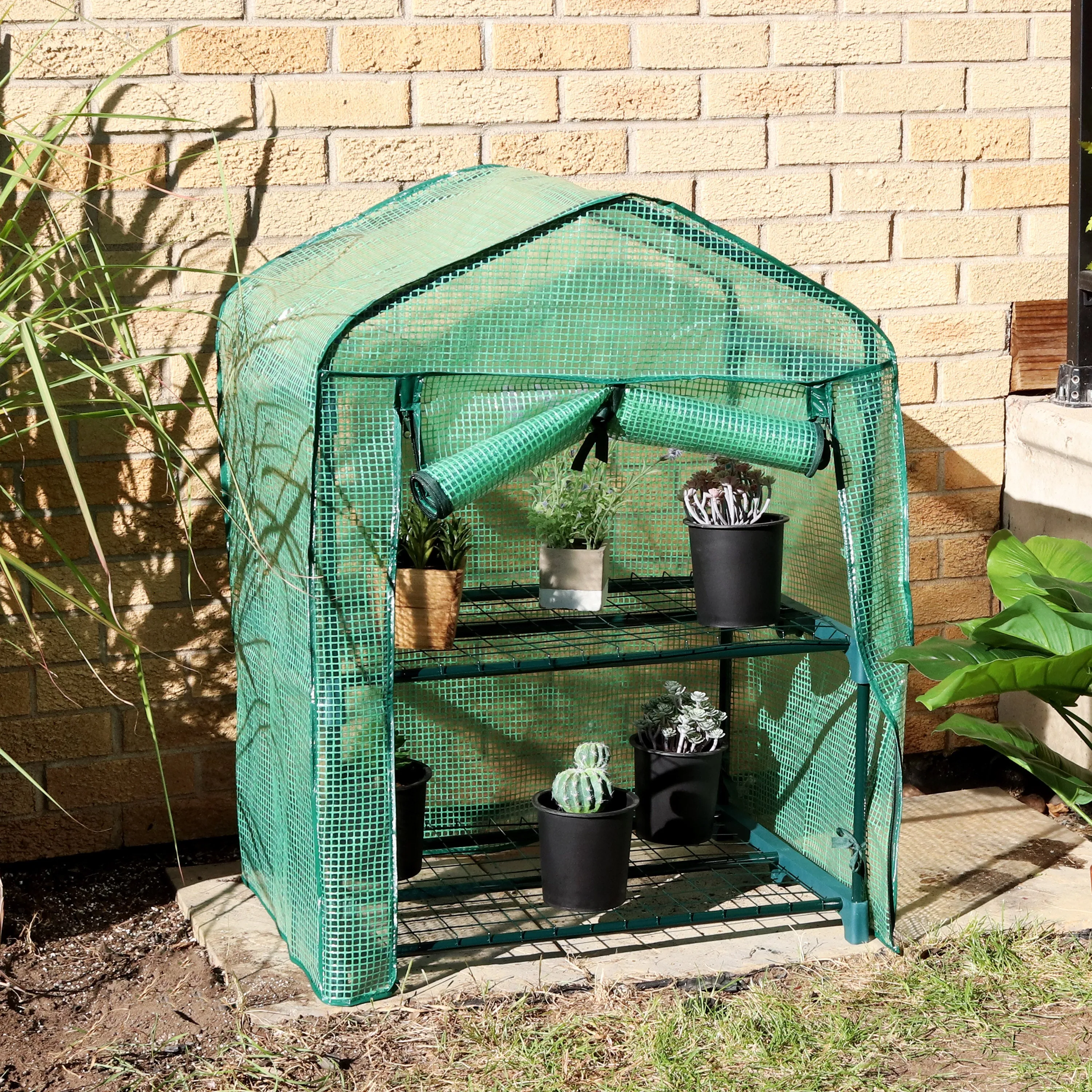 Sunnydaze Portable 2-Tier Mini Greenhouse for Outdoors - Green