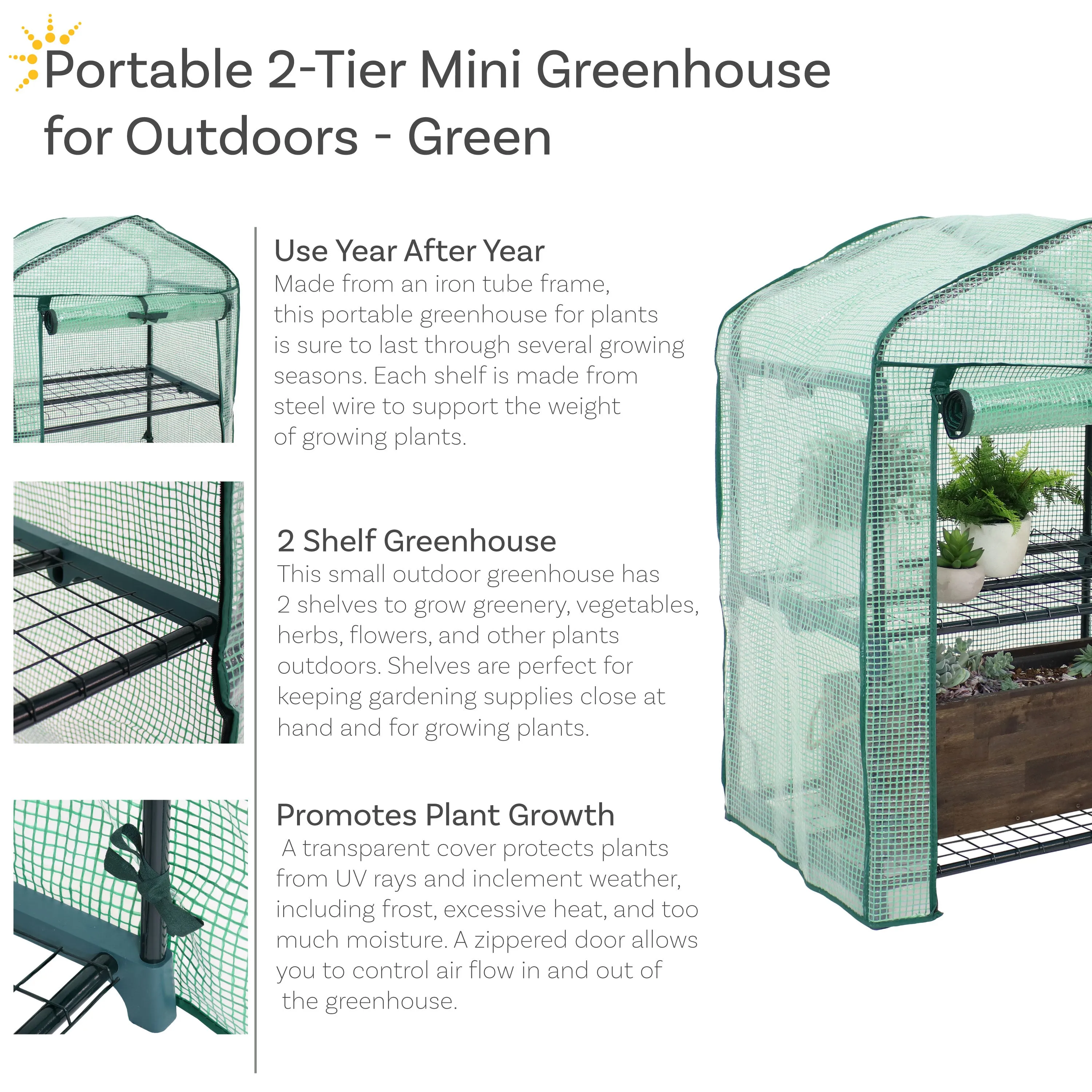 Sunnydaze Portable 2-Tier Mini Greenhouse for Outdoors - Green