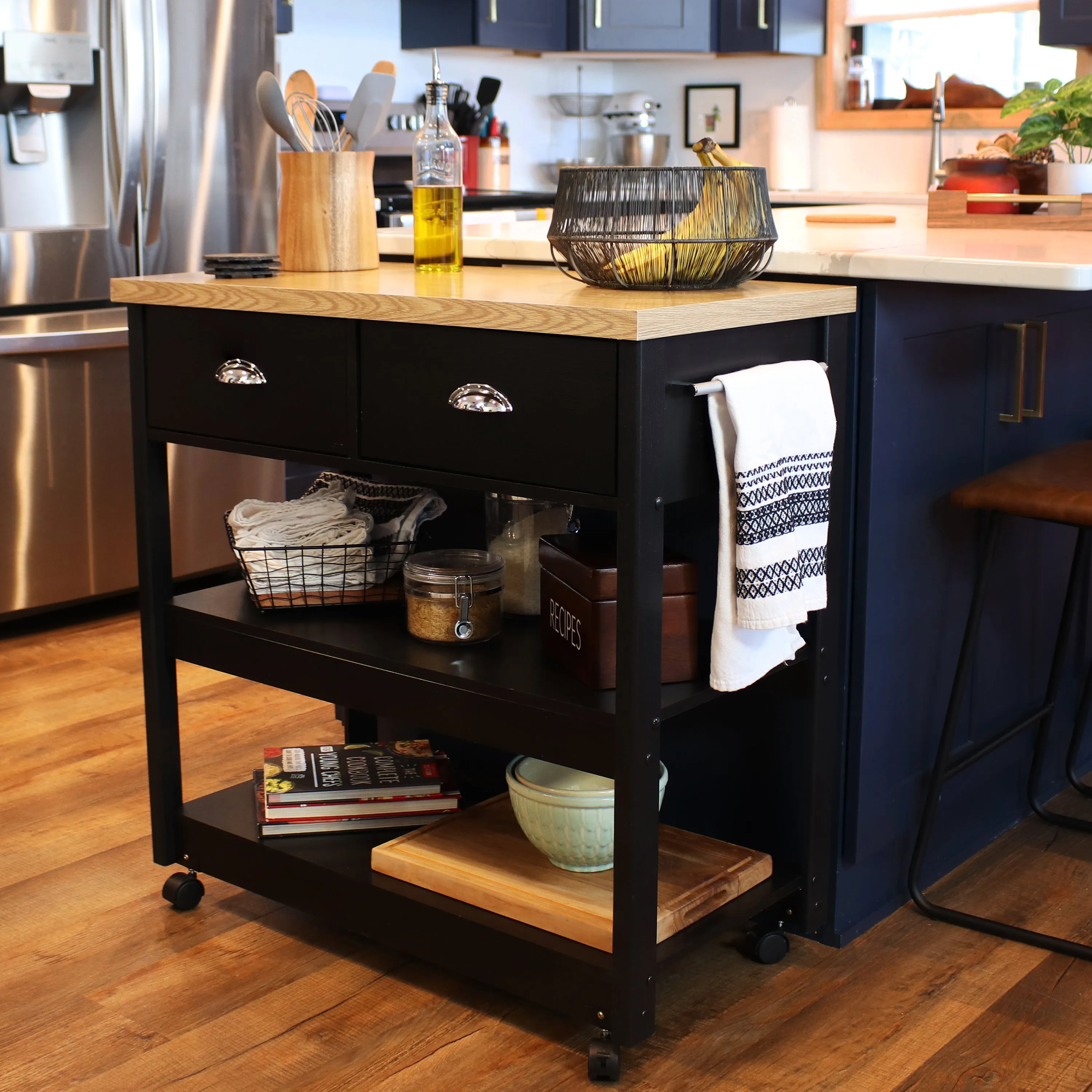 Sunnydaze Rolling Kitchen Island Cart with Drawers and Shelves - Black - 34.25" H