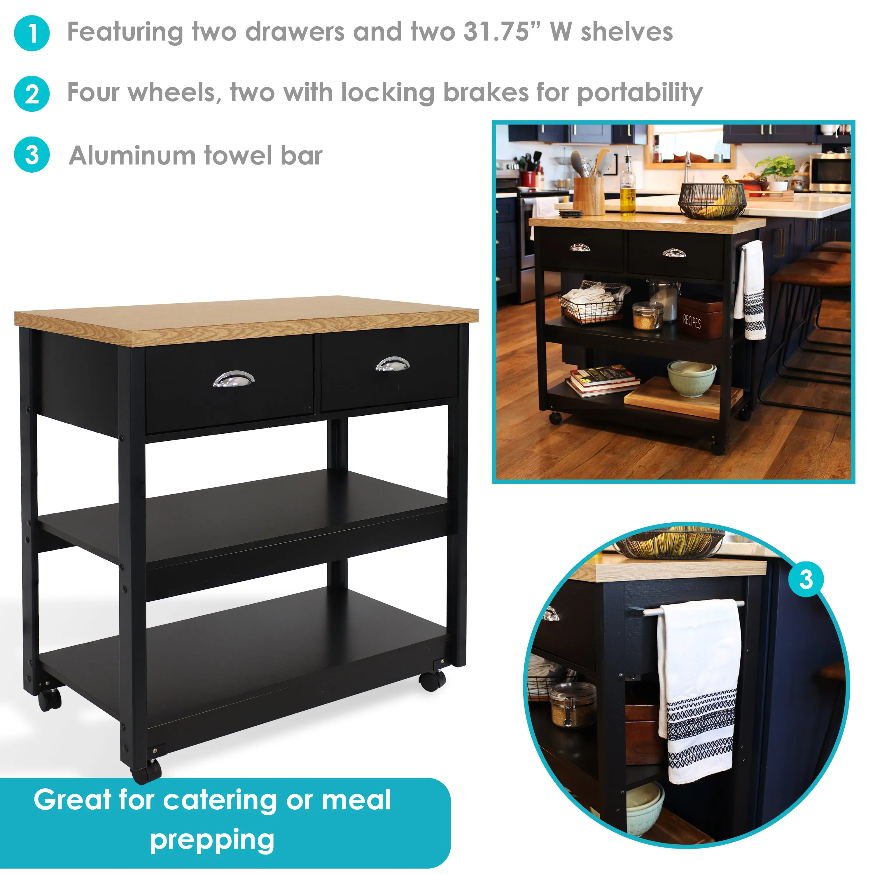 Sunnydaze Rolling Kitchen Island Cart with Drawers and Shelves - Black - 34.25" H