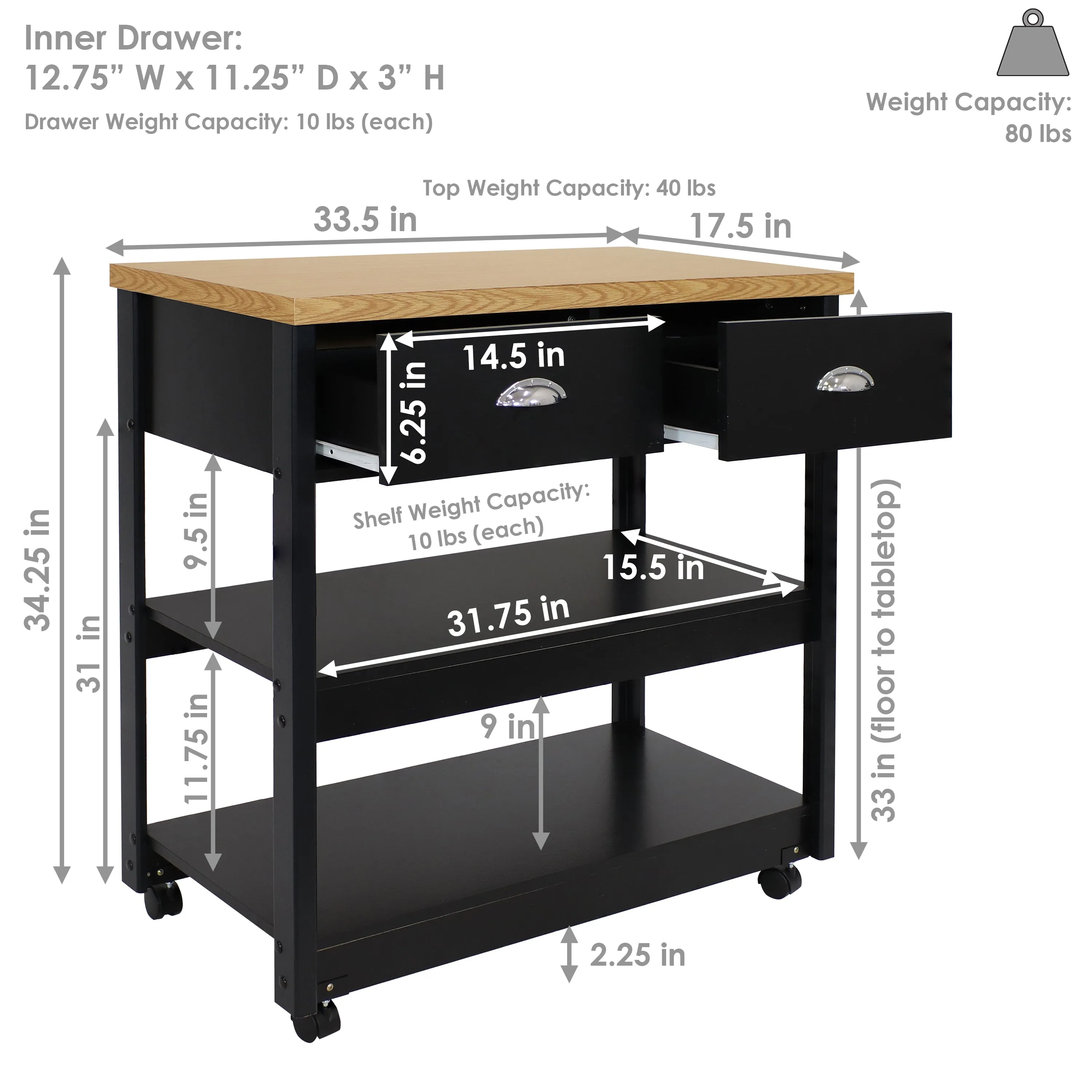 Sunnydaze Rolling Kitchen Island Cart with Drawers and Shelves - Black - 34.25" H