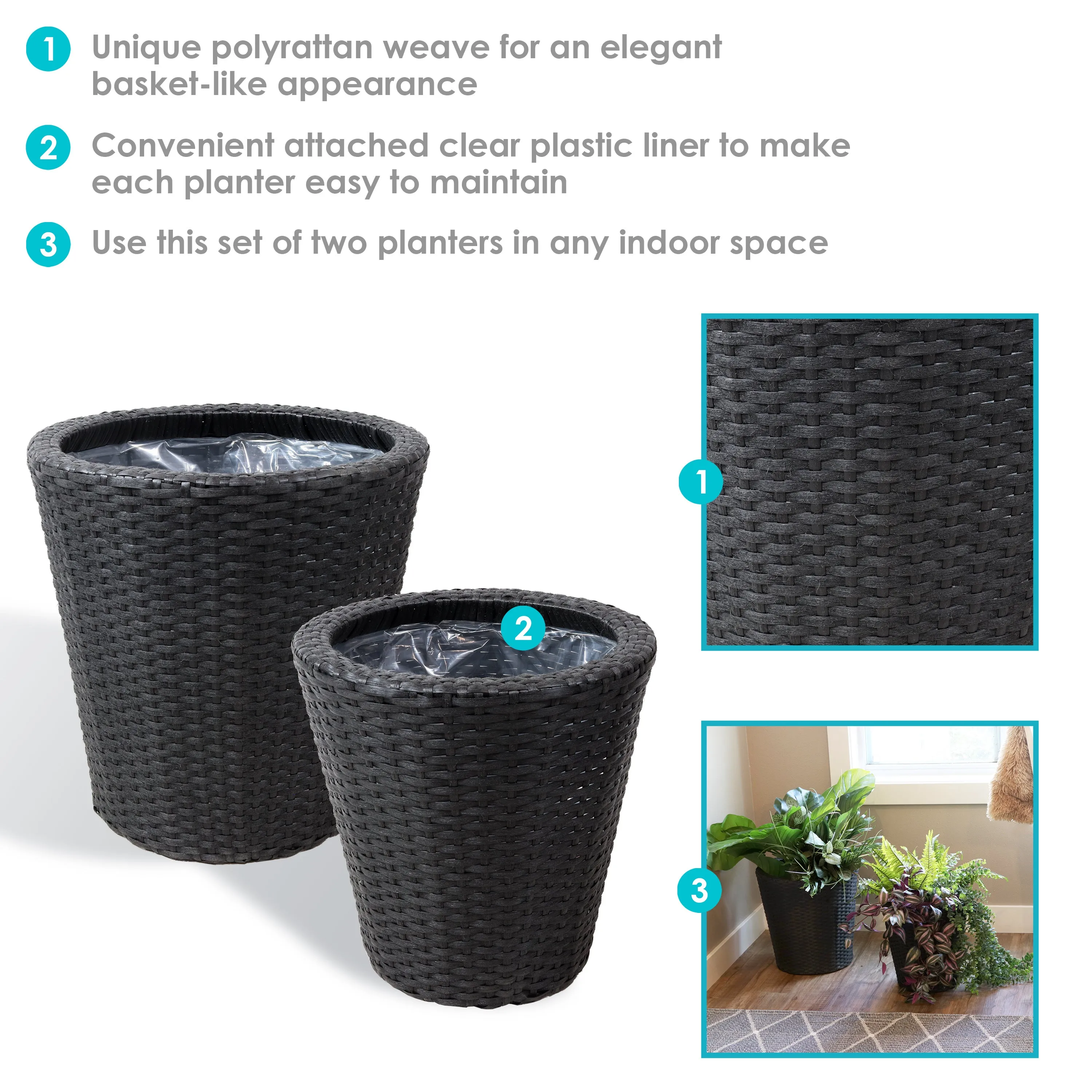 Sunnydaze Round Polyrattan Indoor Planters - 1 Large/1 Small Planter