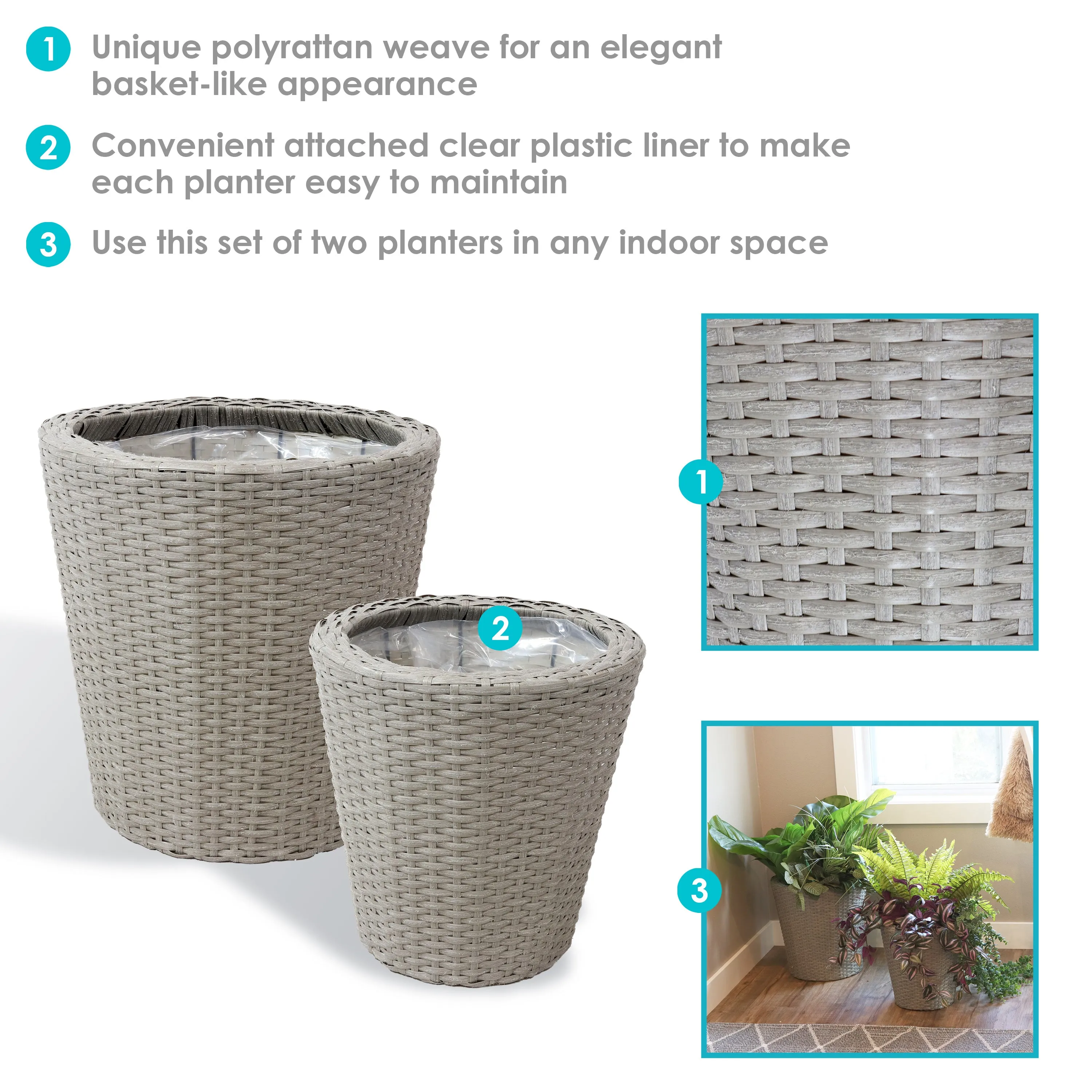 Sunnydaze Round Polyrattan Indoor Planters - 1 Large/1 Small Planter