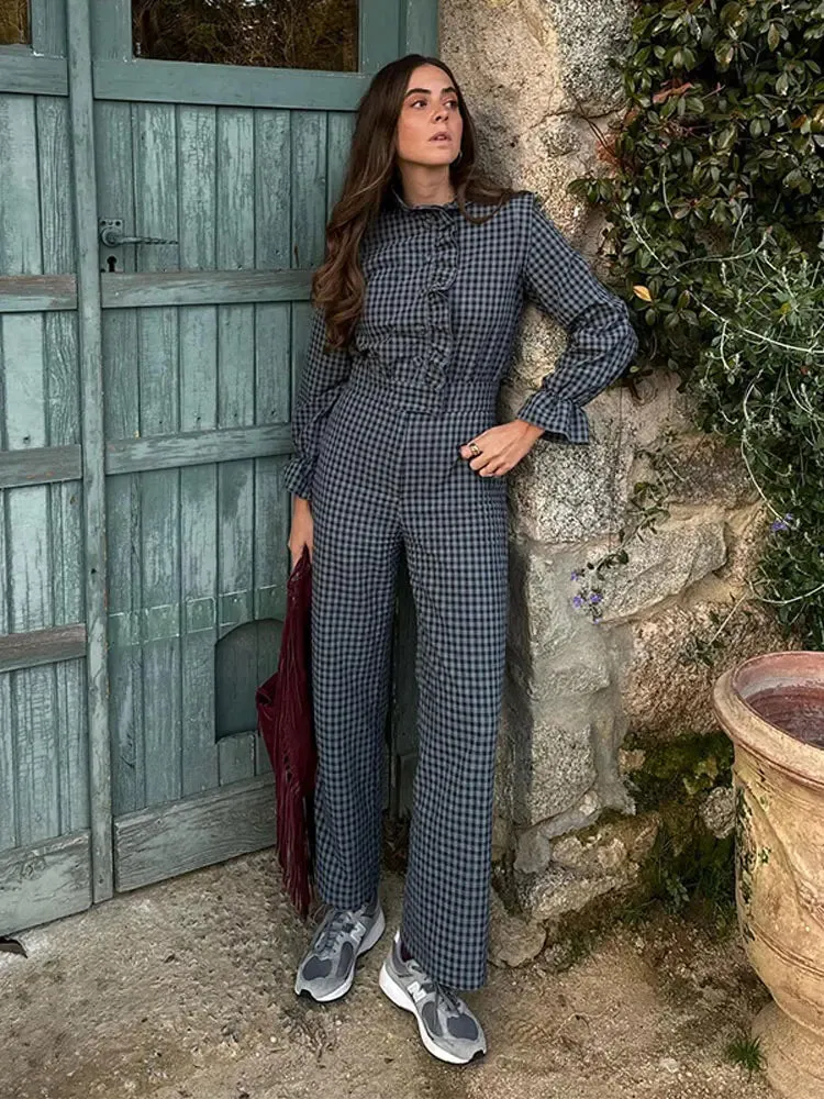 Sweet Plaid Print Ruffles  Chic Stand Long Sleeve Jumpsuit