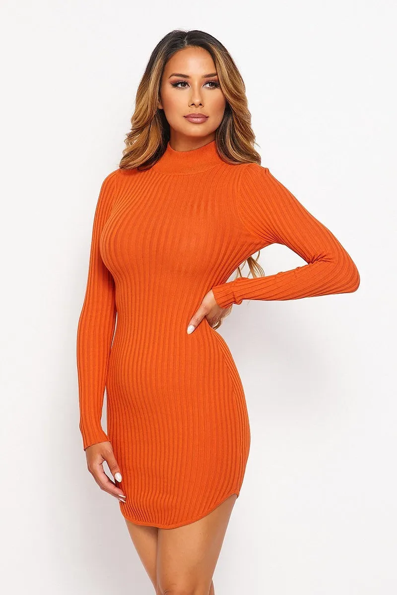 TastyHottie - Turtleneck Long Sleeve Mini Dress Ribbed Knit Mock Neck Round Dress