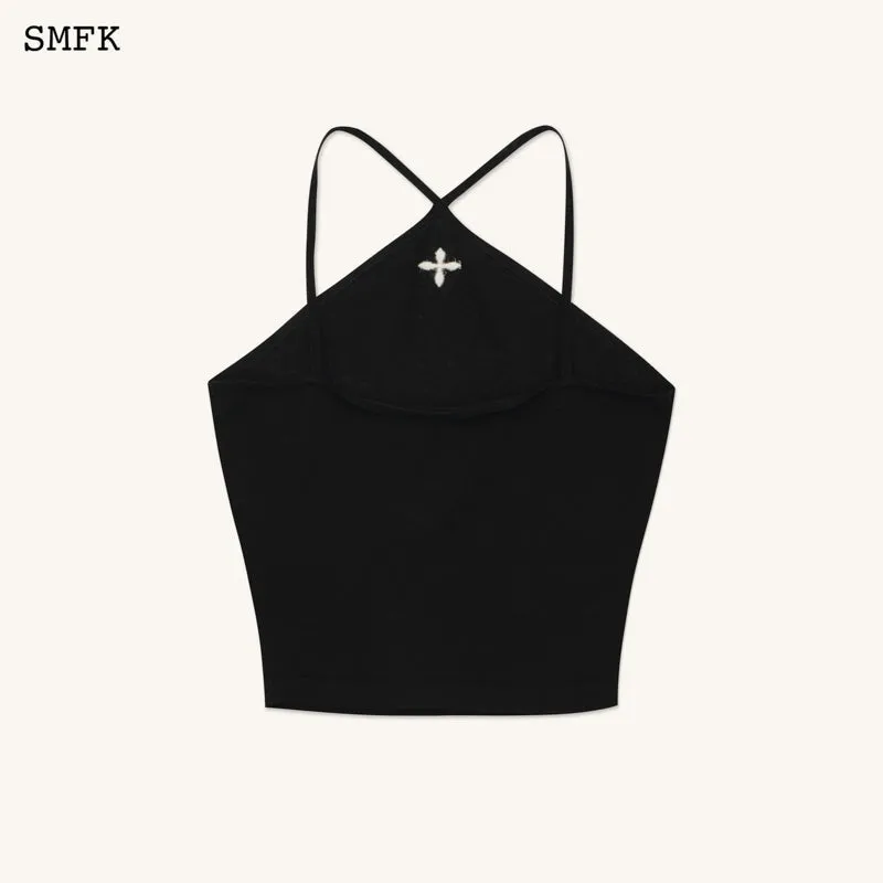 Temple Traditional Black Knitted Cross Sling Top