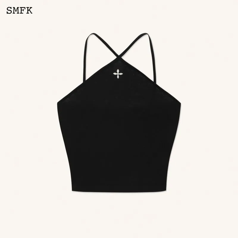 Temple Traditional Black Knitted Cross Sling Top