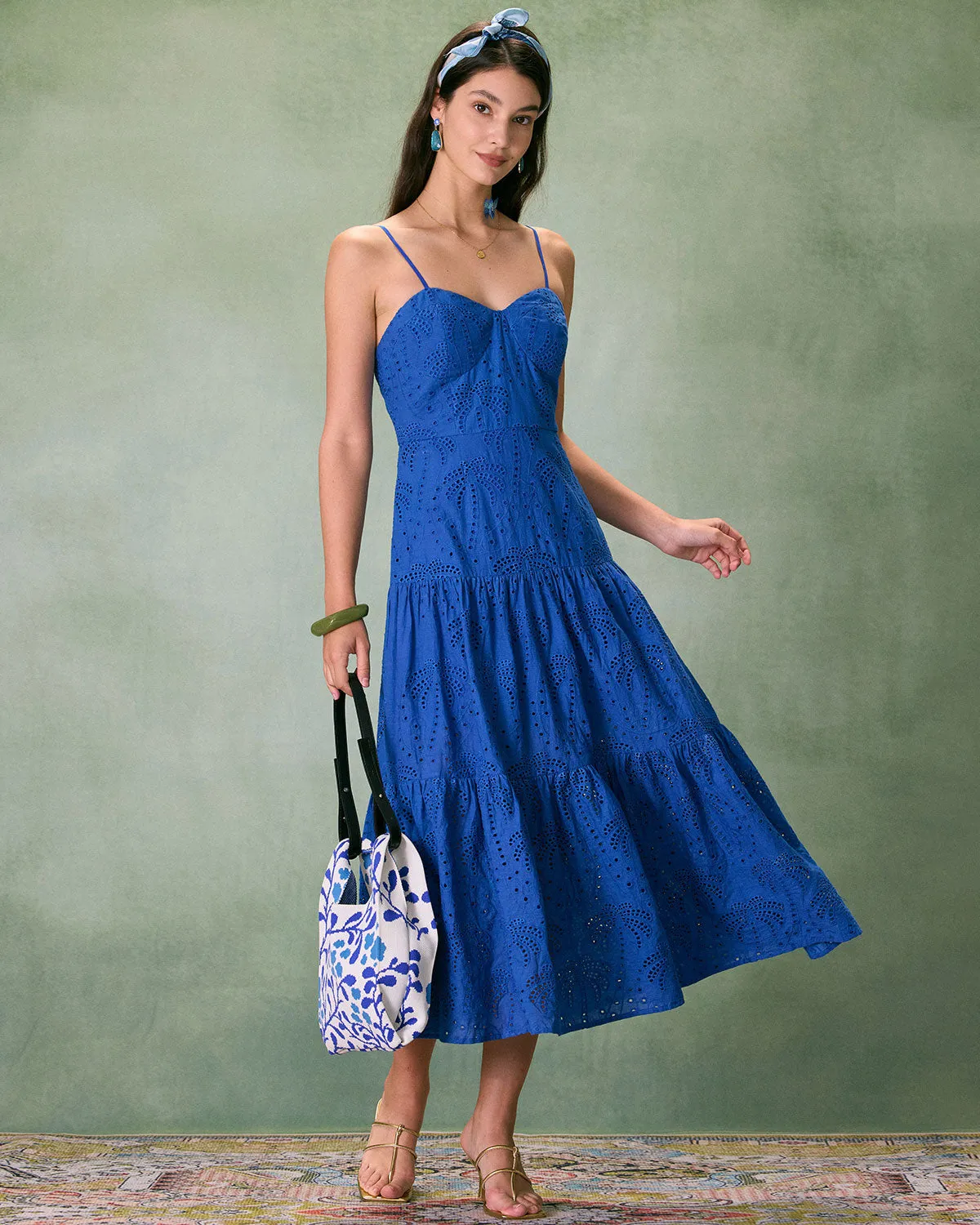 The Blue Sweetheart Neck Embroidery Slip Midi Dress