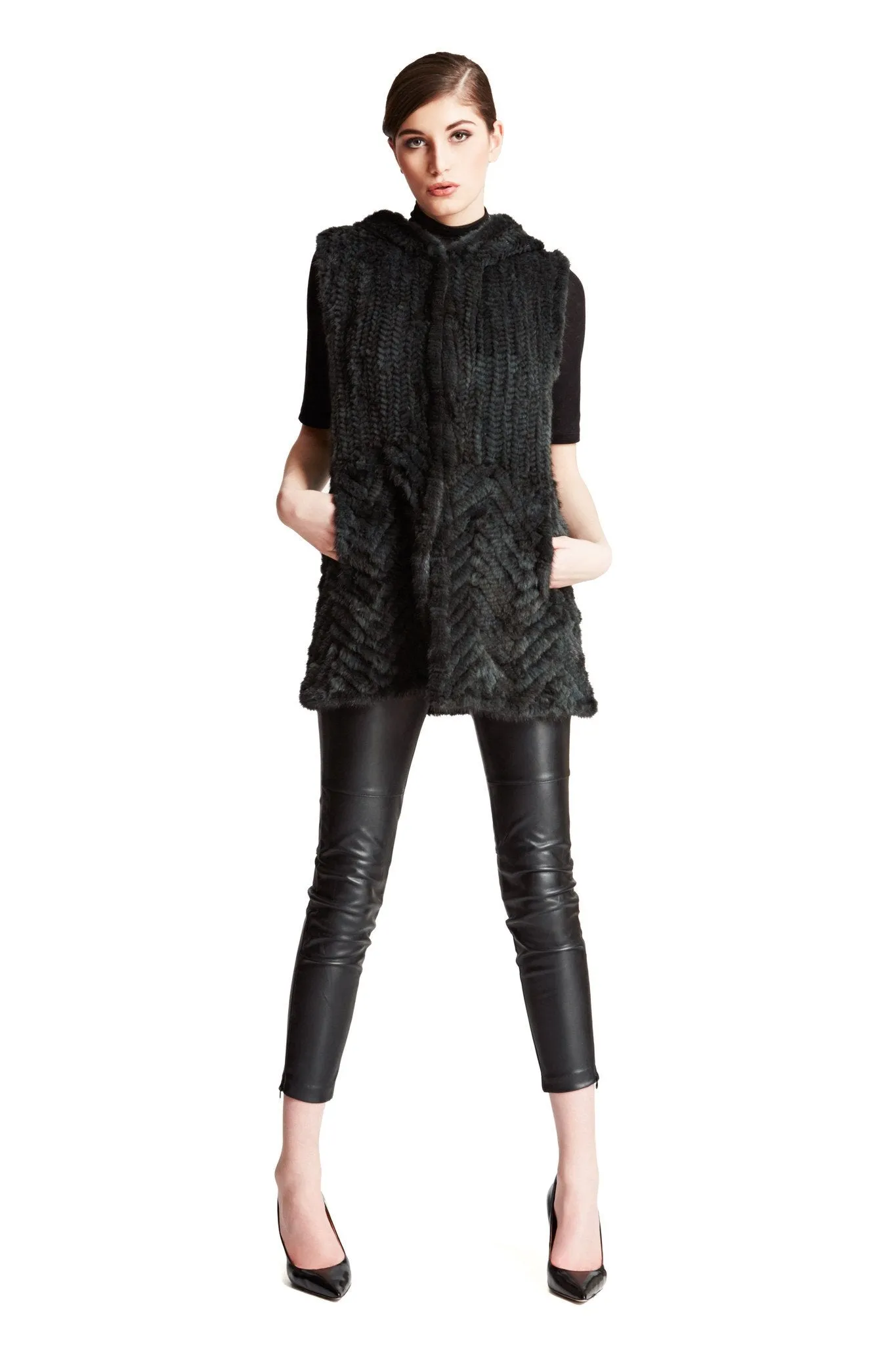 THE LOOE - Knitted Mink Fur Vest with Chevron Panel and Hood