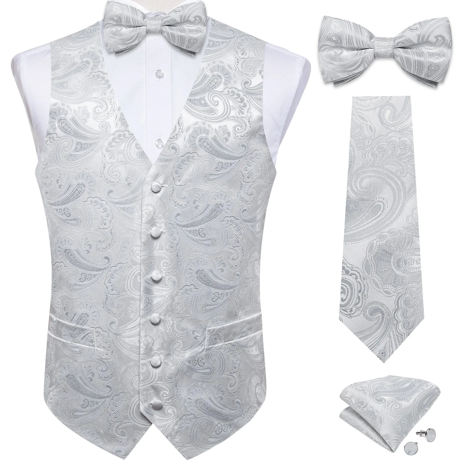 Ties2you Suit Vest Light Grey Paisley Silk Men's Vest Hanky Cufflinks Bow Tie Set