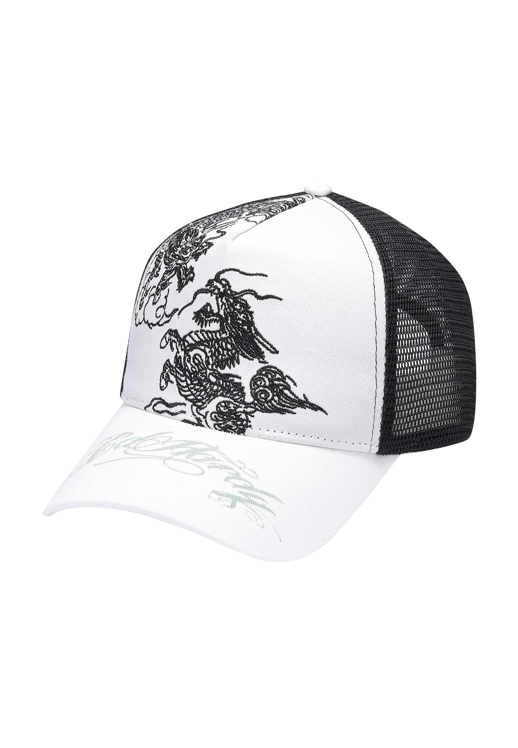 Unisex Double Dragon Twill Front Mesh Trucker - White/Black