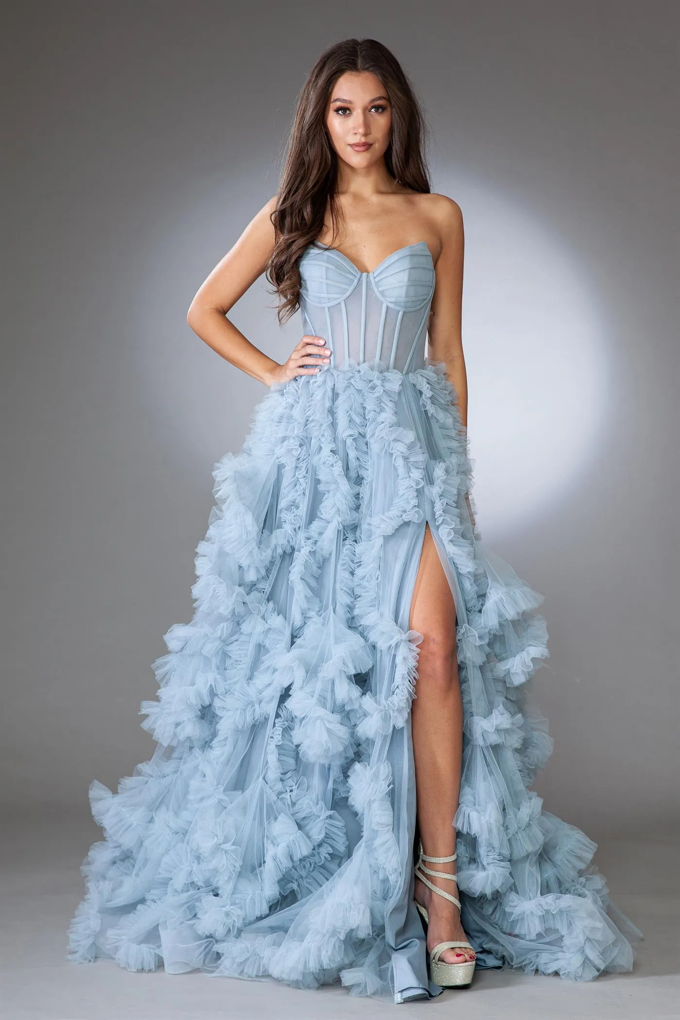 VEDA Strapless Corset Ruffled Slit A Line Prom & Formal Dress