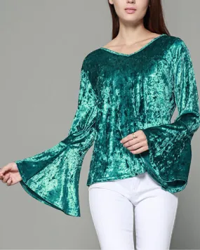 Velvet Flared Long Sleeve Halter T-Shirt