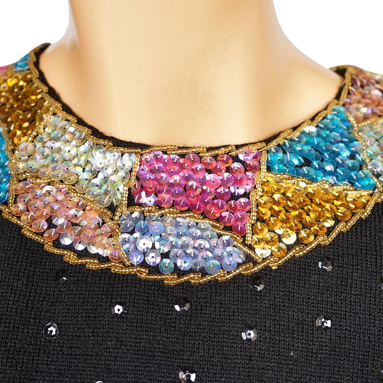 Vintage 1960s Sweater Shell Top Multi Colour Sequin Trim Knit Wool by Heftco L