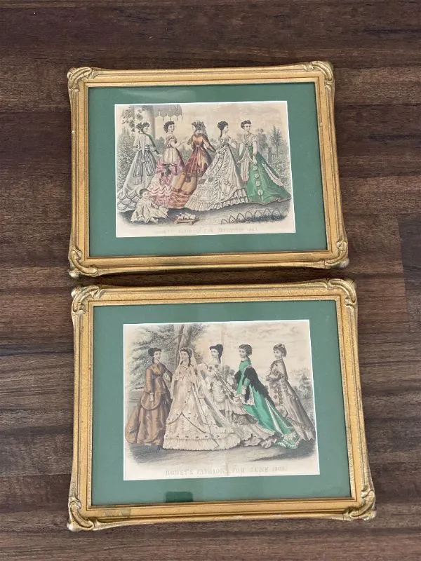 Vintage Lithograph Artwork -Pair of framed Godey's Fashion 1868 lithographs