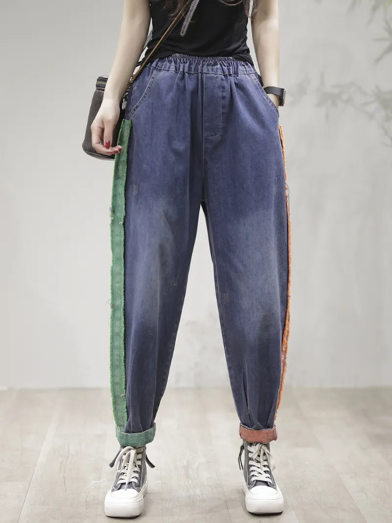 Vintage Loose Fit Patch Denim Bottom Jeans Pants