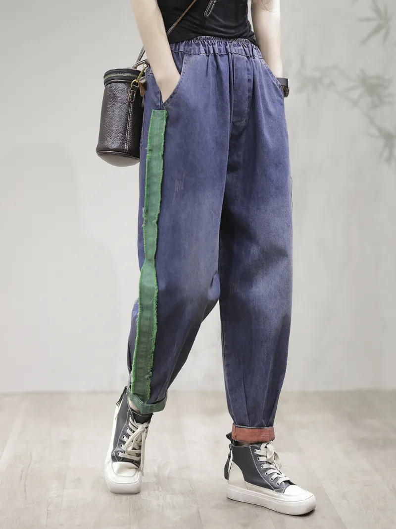 Vintage Loose Fit Patch Denim Bottom Jeans Pants