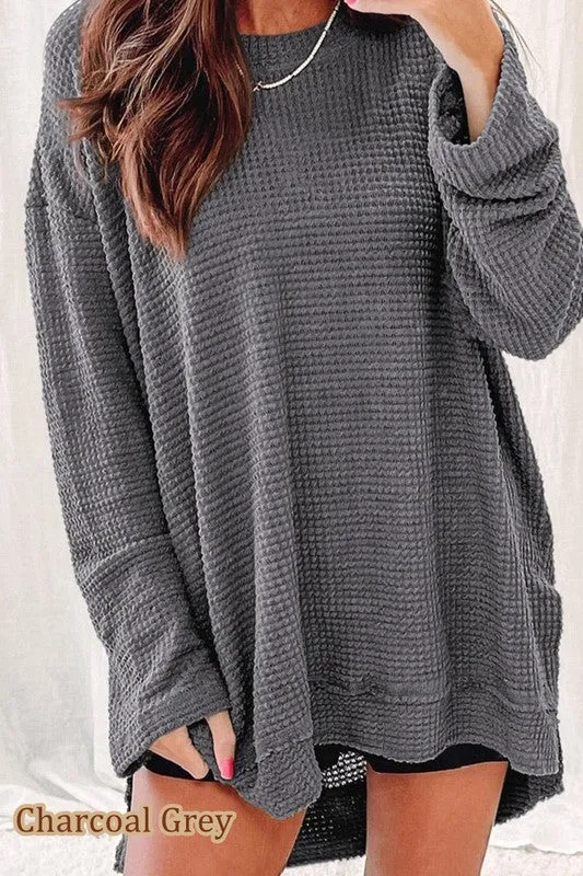 Waffle Knit Drop Sleeve Side Slits Oversized Top