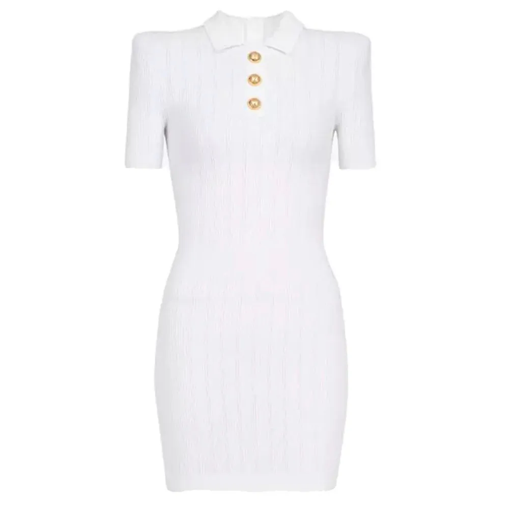 White Alisa Knit Gold Buttons Dress