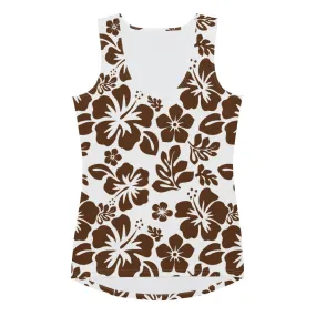 White and Brown Hawaiian Flowers Women's Athletic Swim Tank Top