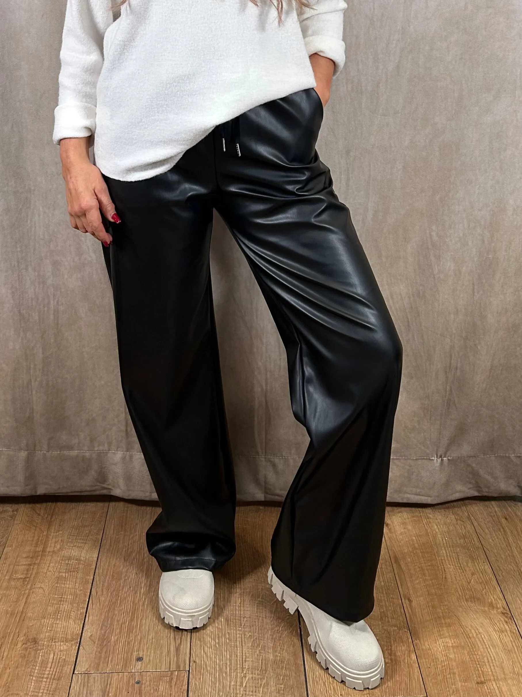 Winter Wide Leg Leather Trousers