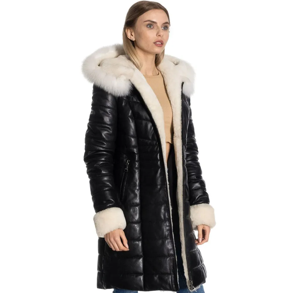 Women Genuine Leather Puffer Coat in Black with Fur Collar