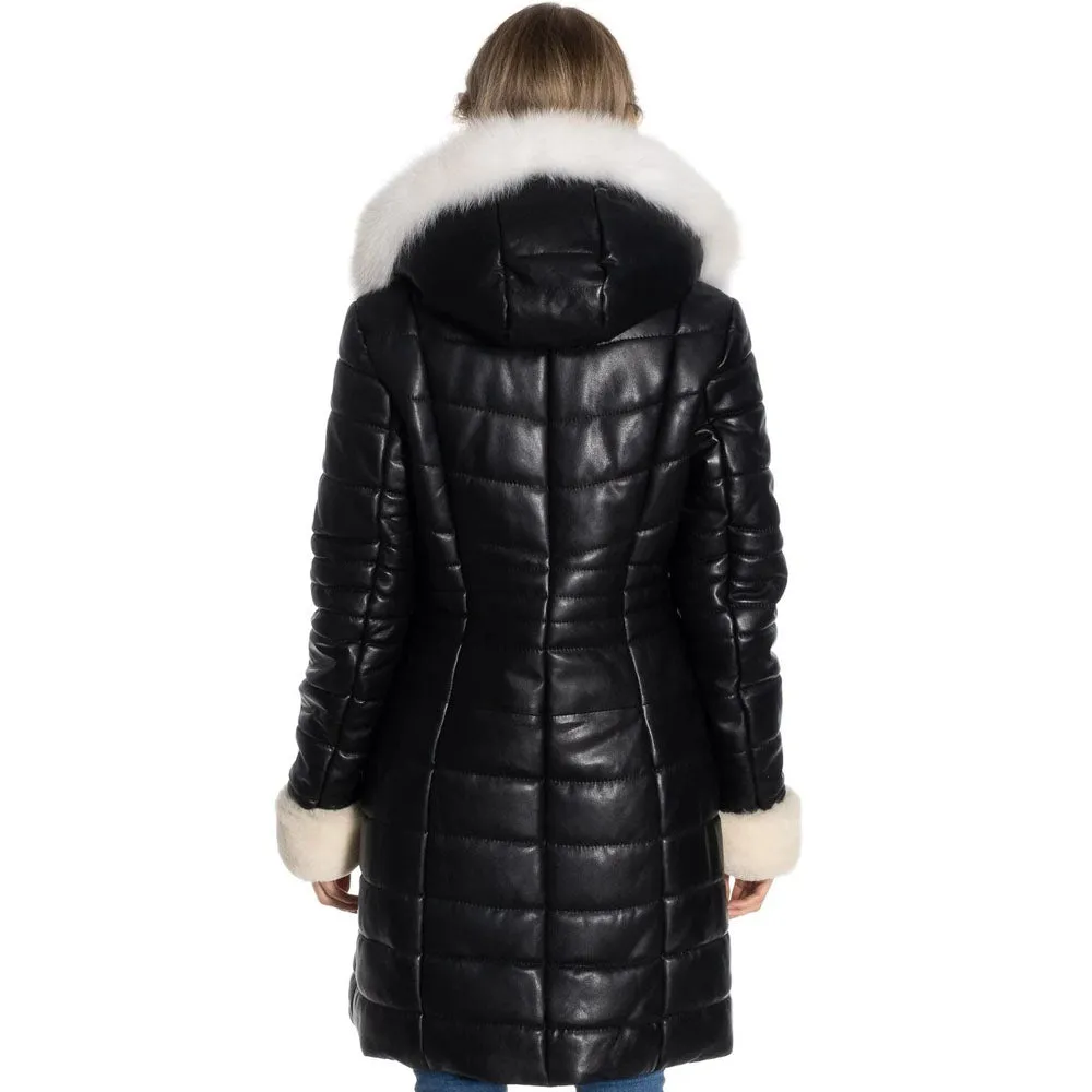 Women Genuine Leather Puffer Coat in Black with Fur Collar