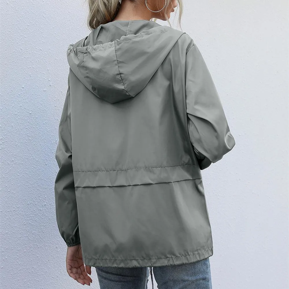 Women hooded drawstring outdoor zipper lightweight waterproof coat