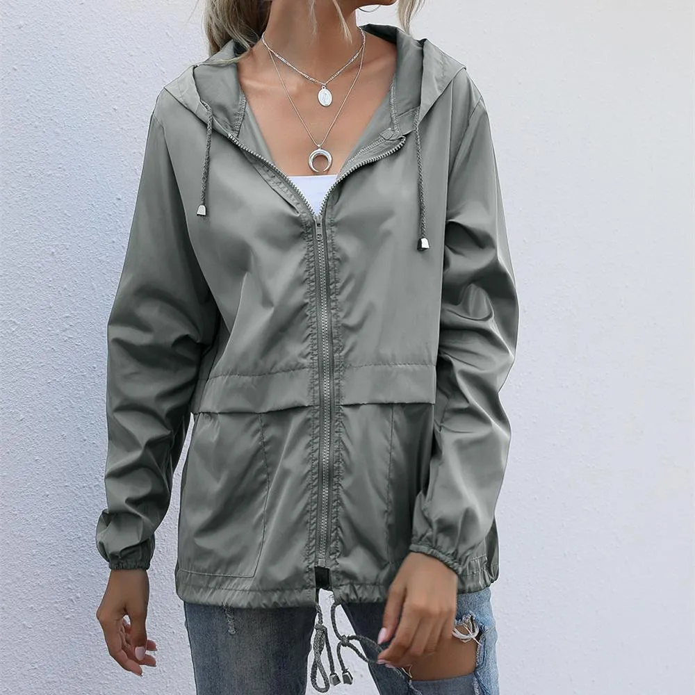 Women hooded drawstring outdoor zipper lightweight waterproof coat