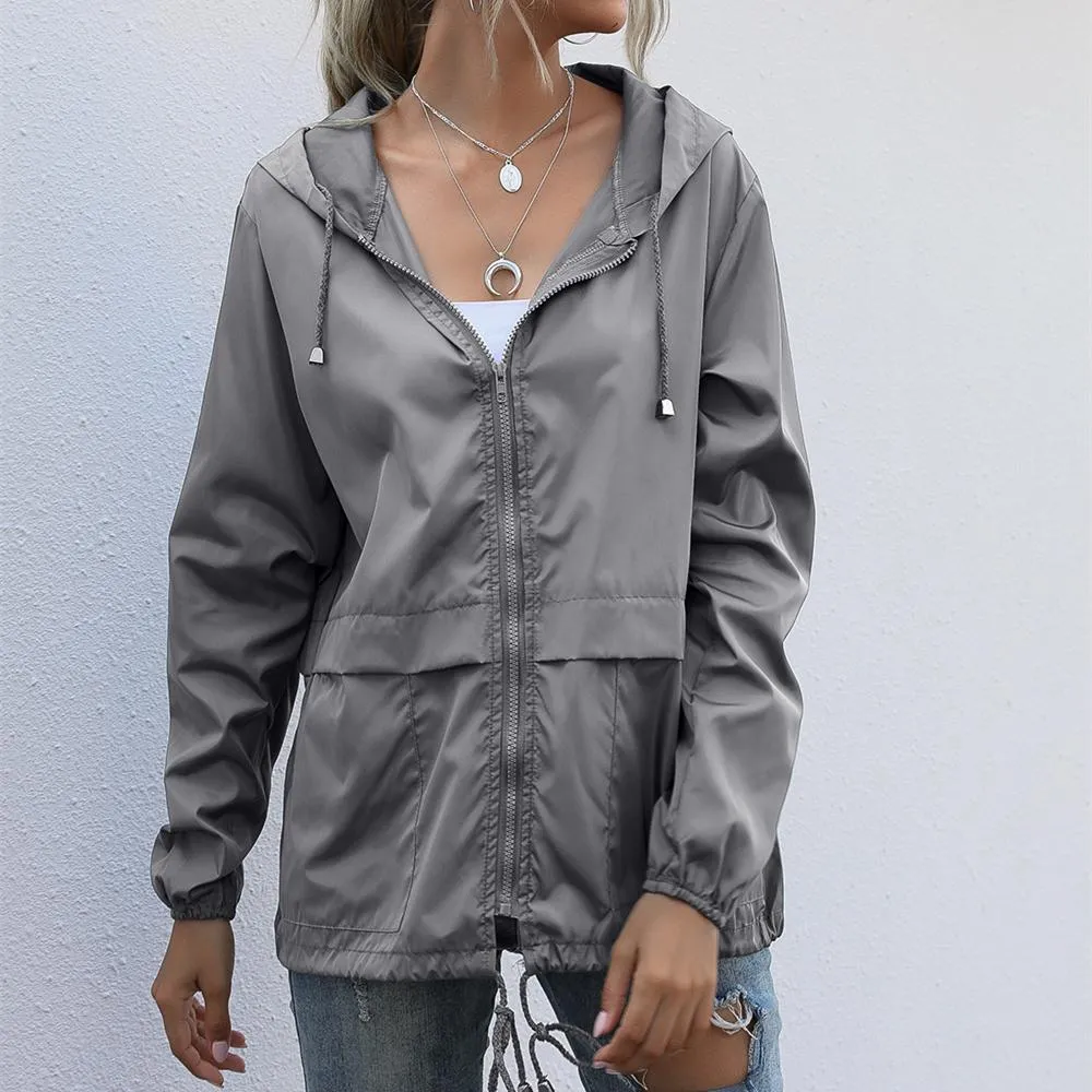 Women hooded drawstring outdoor zipper lightweight waterproof coat