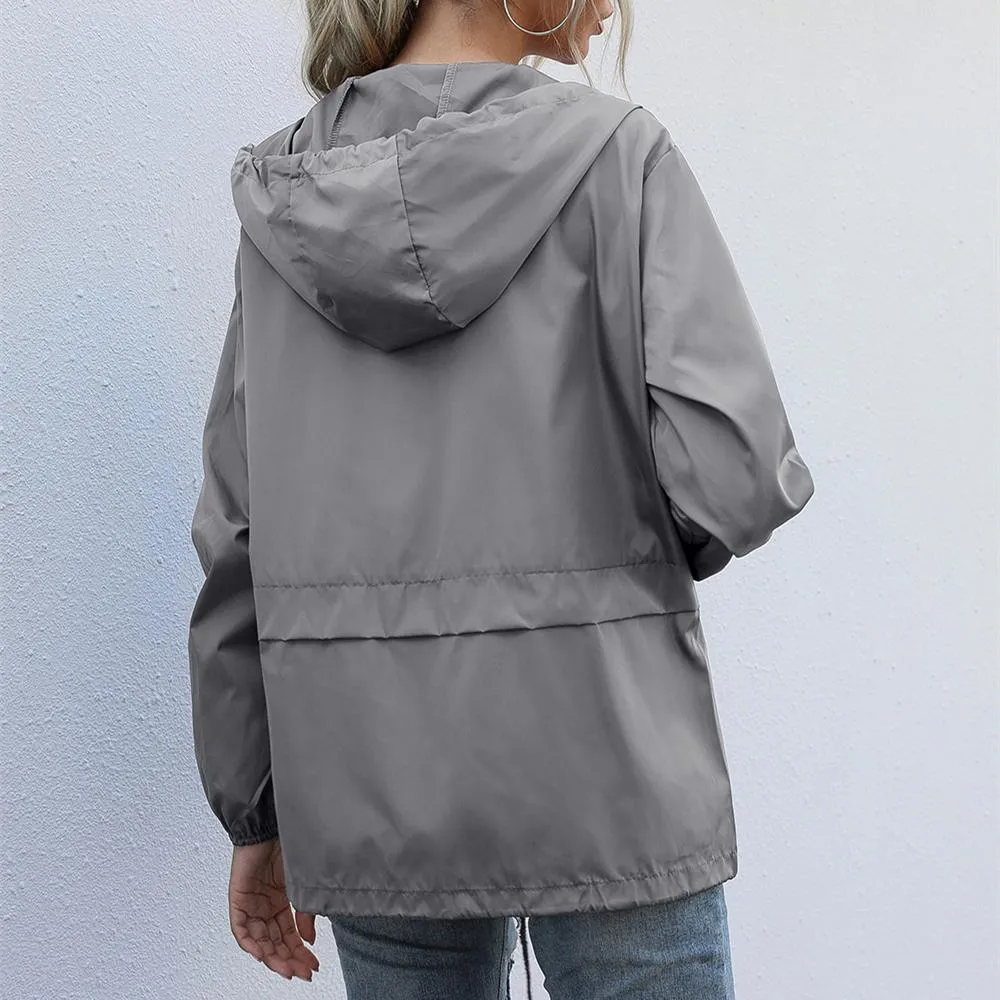 Women hooded drawstring outdoor zipper lightweight waterproof coat