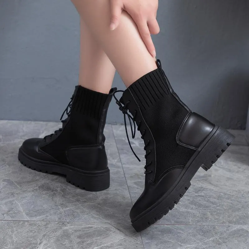 Women knit breathable chunky platform lace up short black boots