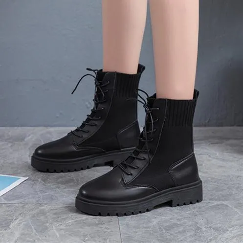 Women knit breathable chunky platform lace up short black boots