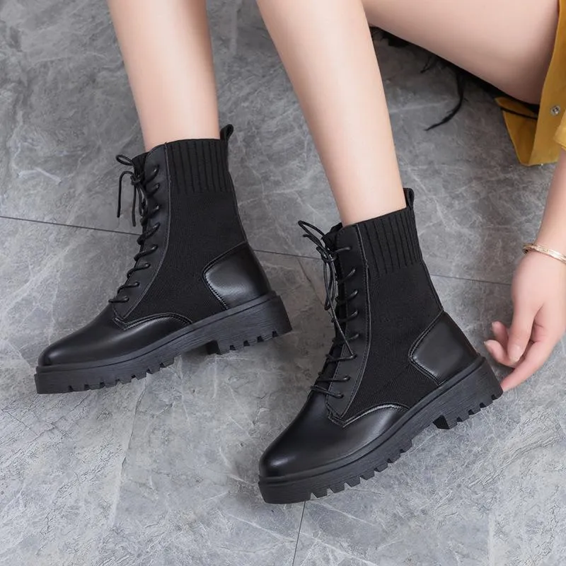 Women knit breathable chunky platform lace up short black boots