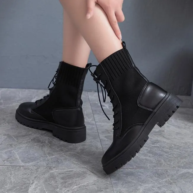 Women knit breathable chunky platform lace up short black boots