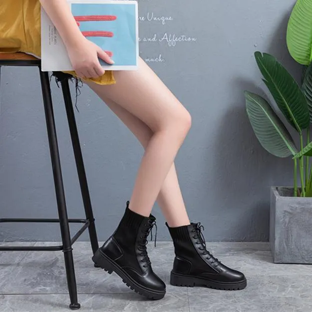 Women knit breathable chunky platform lace up short black boots