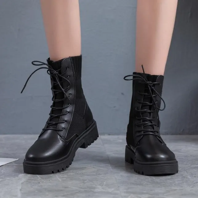 Women knit breathable chunky platform lace up short black boots