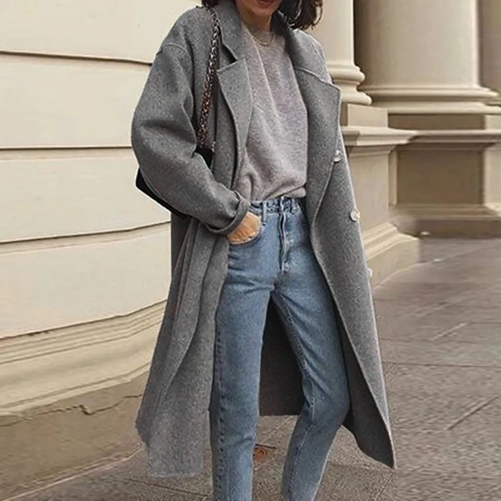 Women long double breasted tweed solid color duster coat