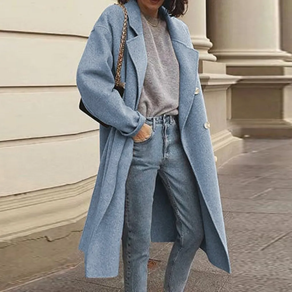 Women long double breasted tweed solid color duster coat