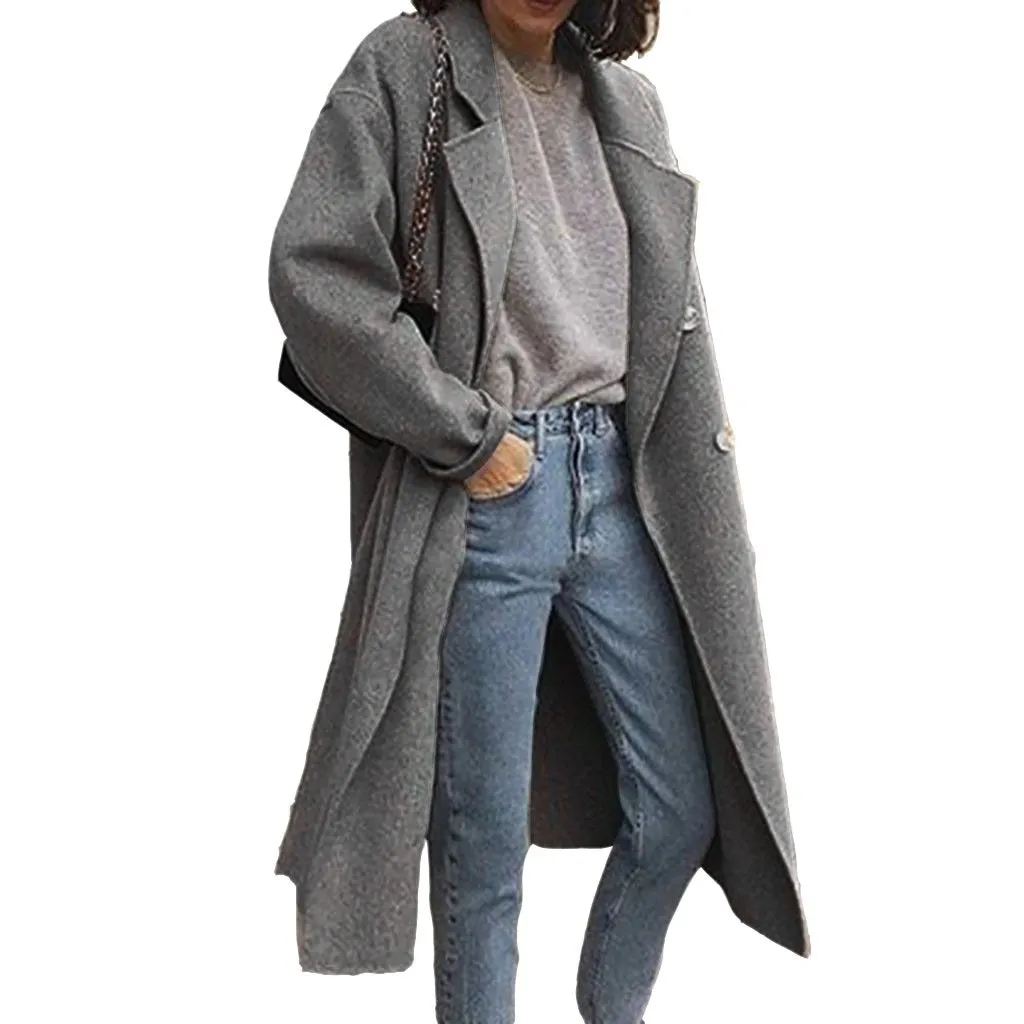 Women long double breasted tweed solid color duster coat