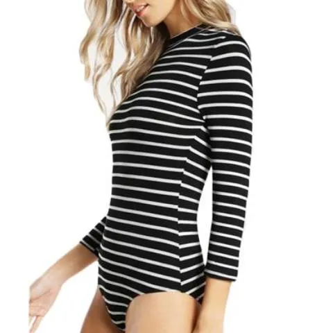 Women Mock Neck Striped Bodysuit