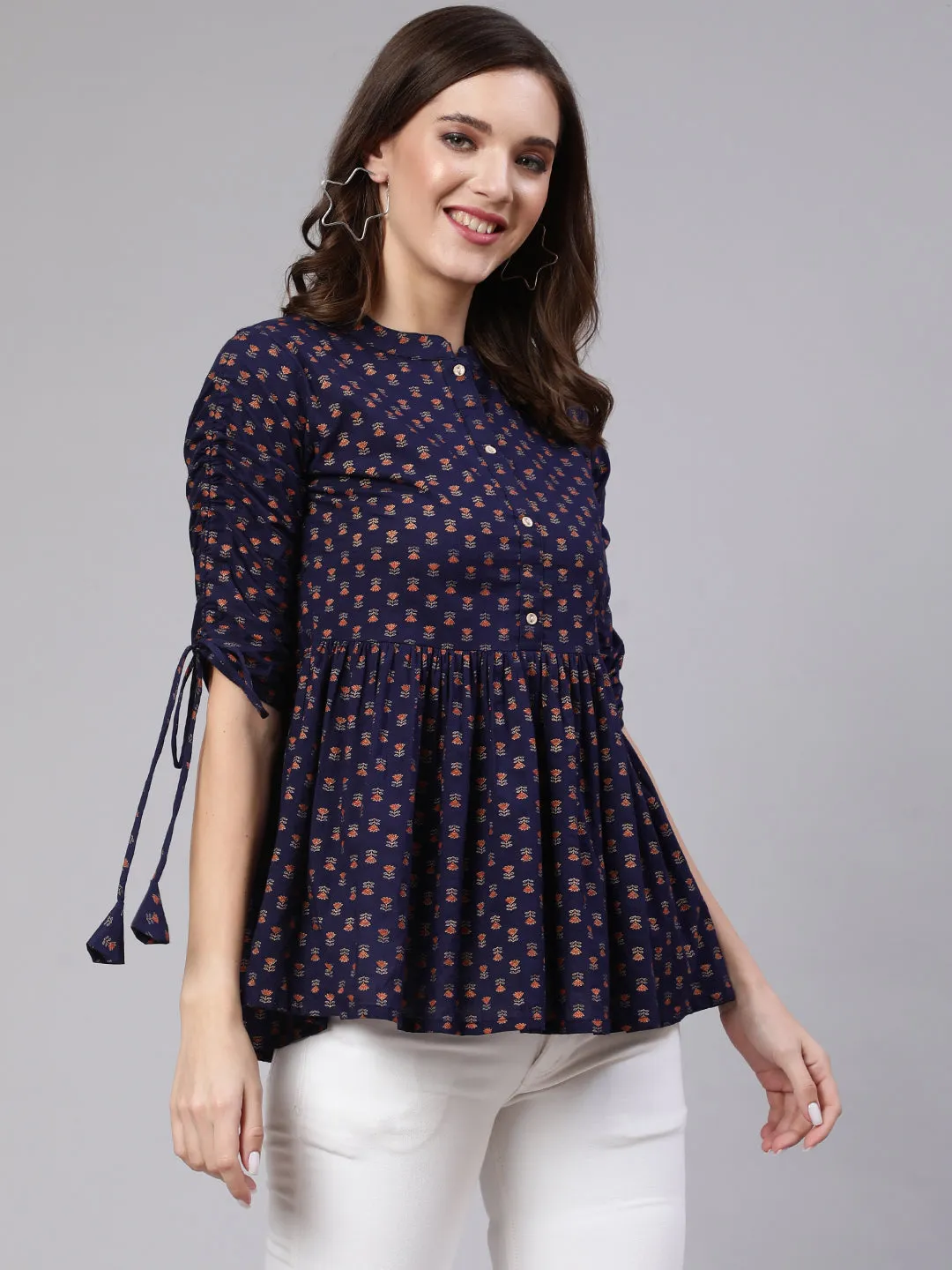 Women Navy Blue & Gold Printed Peplon Top