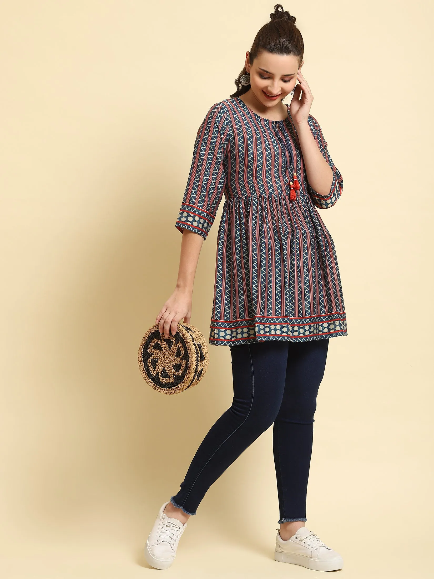 Women Navy Blue Stripe Printed Tunic