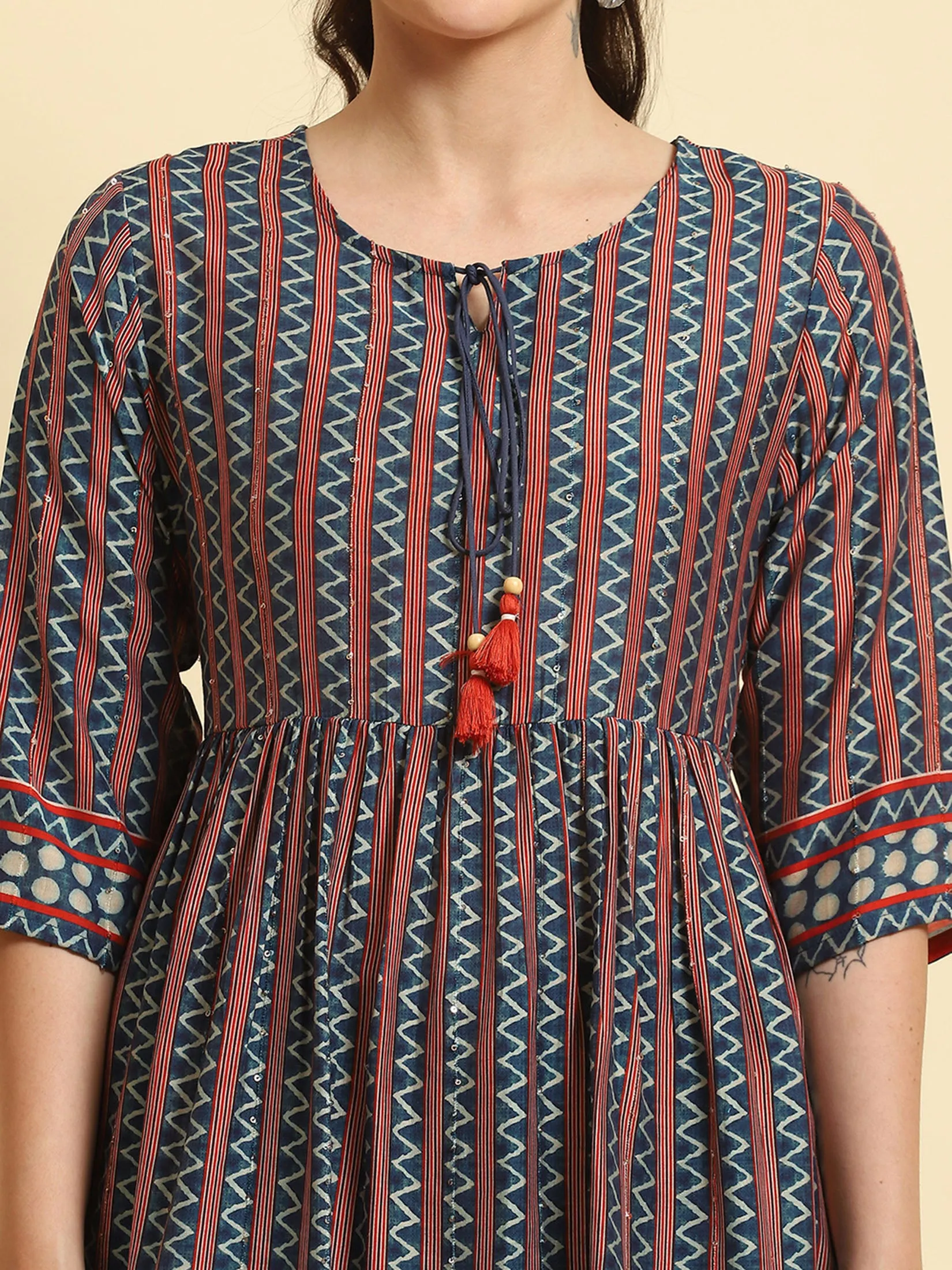 Women Navy Blue Stripe Printed Tunic