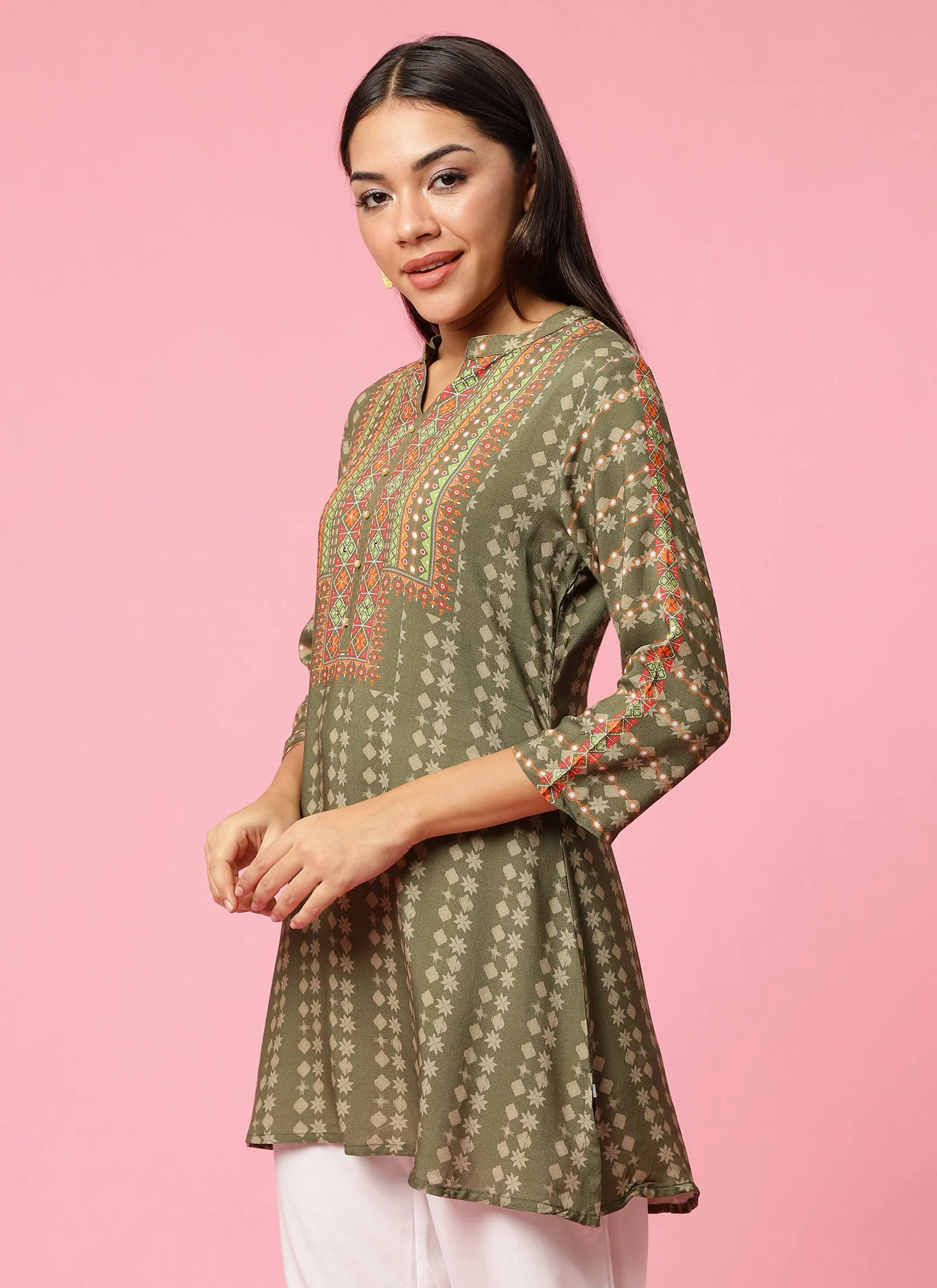 Women Olive Geometric Printed Tunic