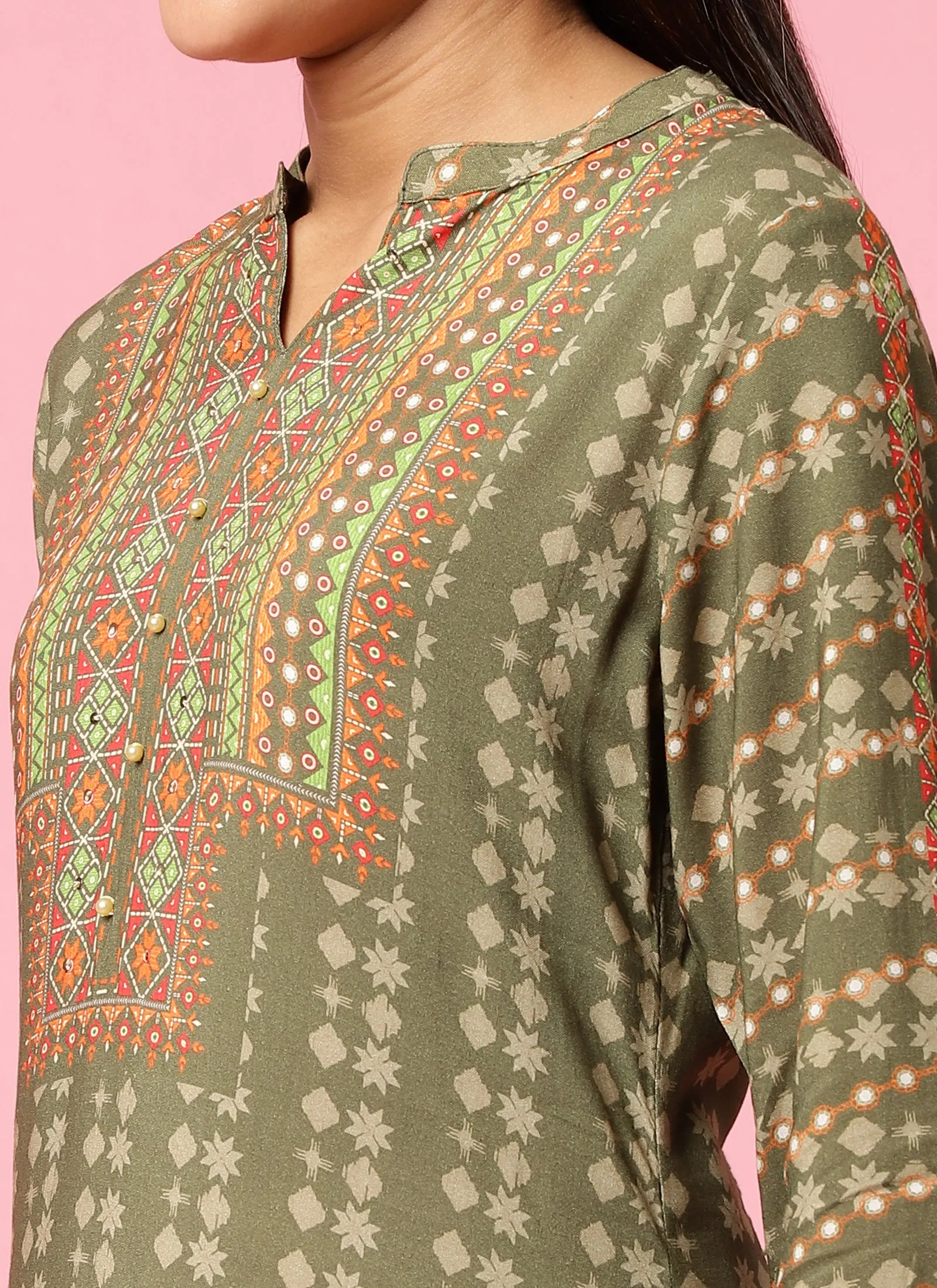 Women Olive Geometric Printed Tunic