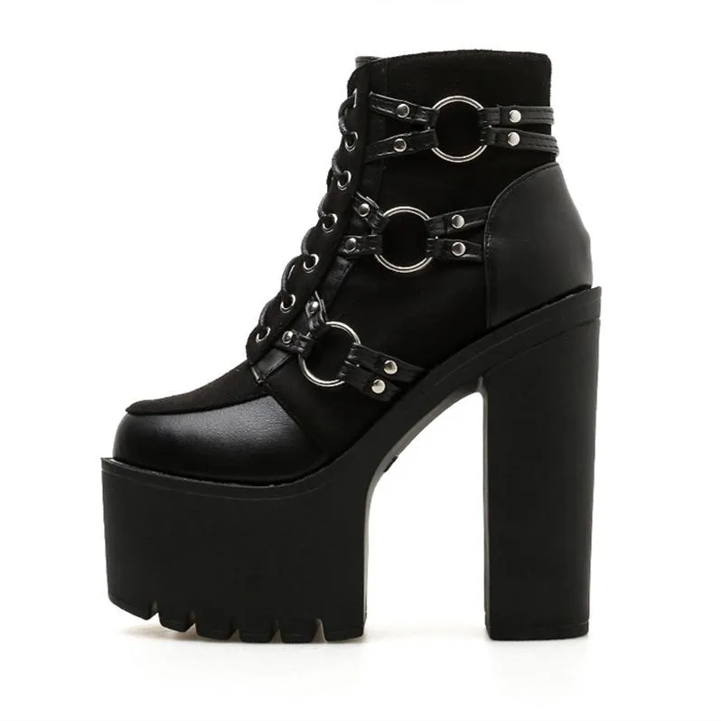 Women platform chunky heel lace up prom punk black boots