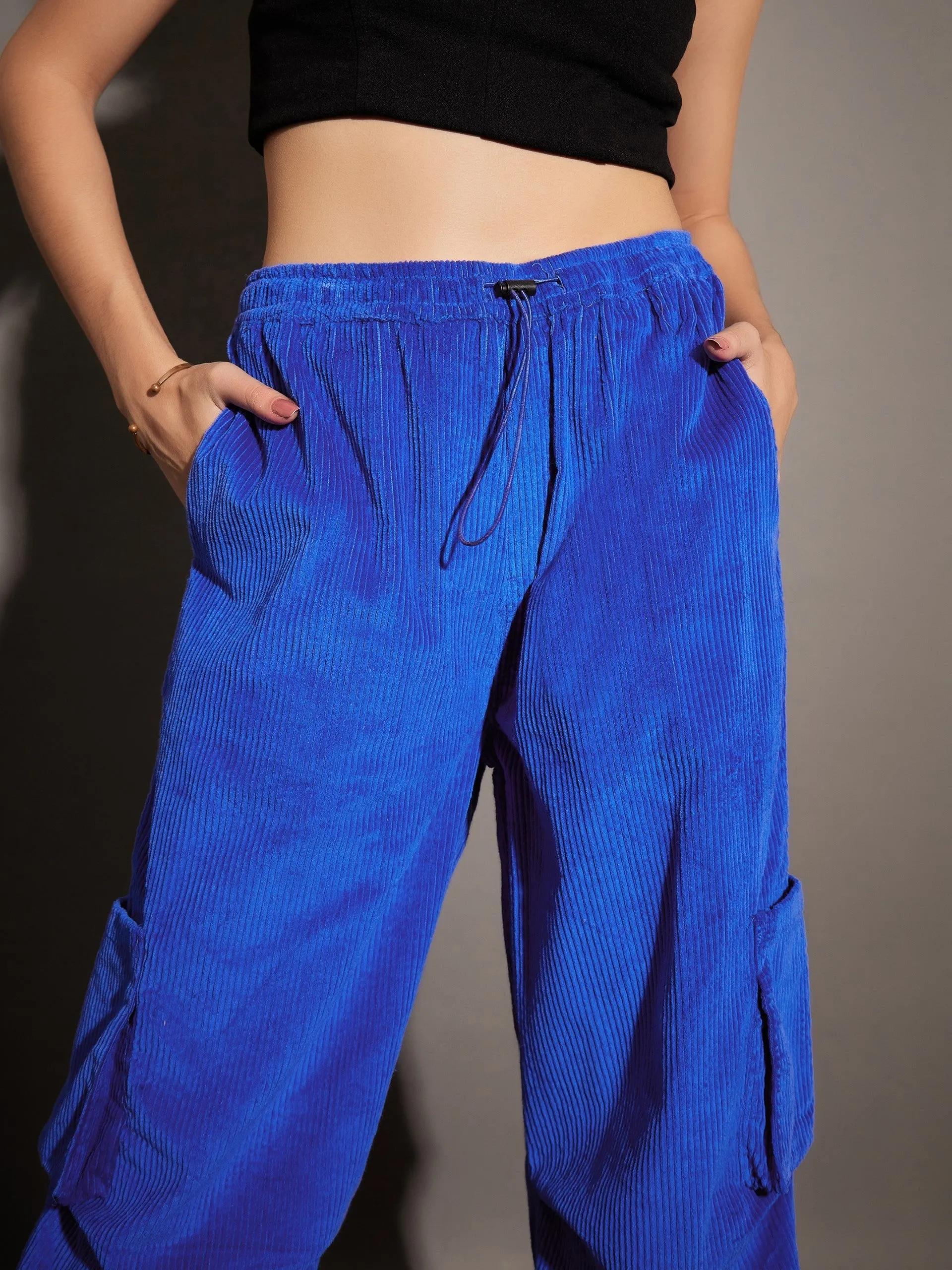 Women Royal Blue Pleated Knee Corduroy Cargo Pants